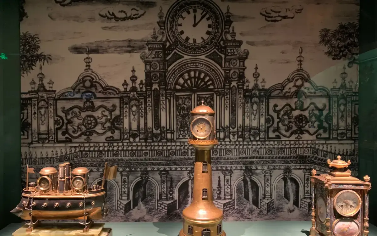 Wall of antique European clocks in the Palace Museum clock gallery